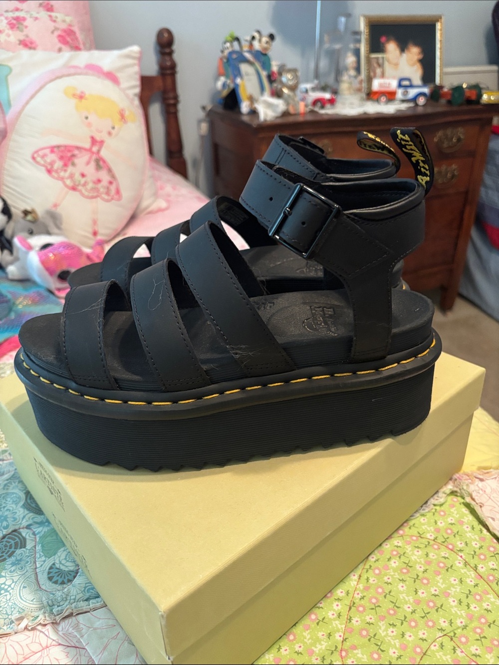 Dr. Martens Women Black Platform Strappy Sandals with Yellow Stitching-NWOT - Picture 5 of 10